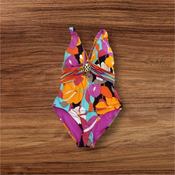 TRINA TURK Gemini Halter Plunge Top One Piece Swimsuit Multicolor Size 10 - Picture 2 of 16